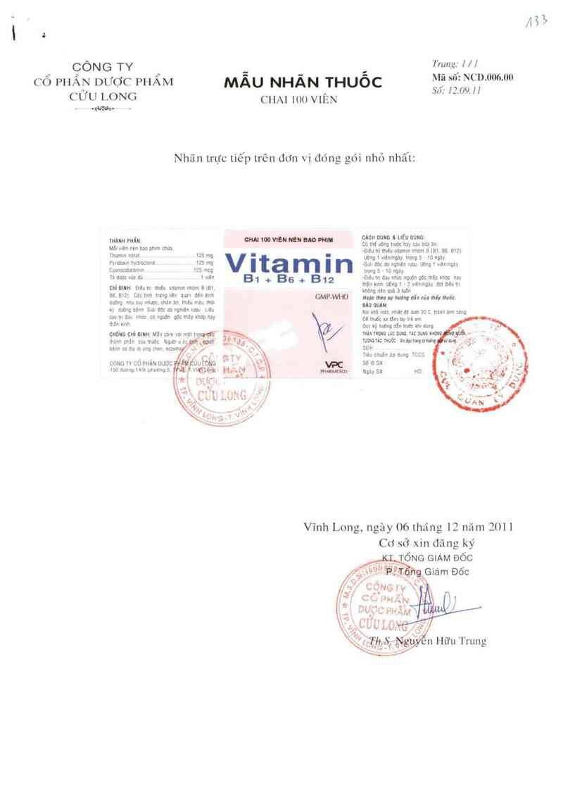 thông tin, cách dùng, giá thuốc Vitamin B1 + B6 + B12 - ảnh 1