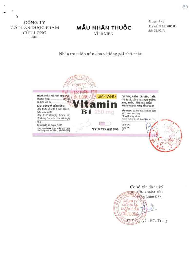 thông tin, cách dùng, giá thuốc Vitamin B1 250mg - ảnh 1