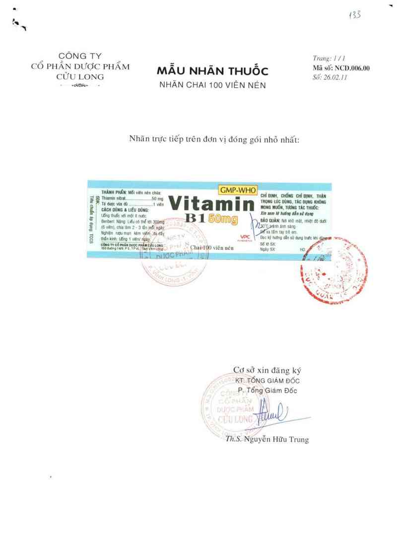 thông tin, cách dùng, giá thuốc Vitamin B1 50mg - ảnh 1