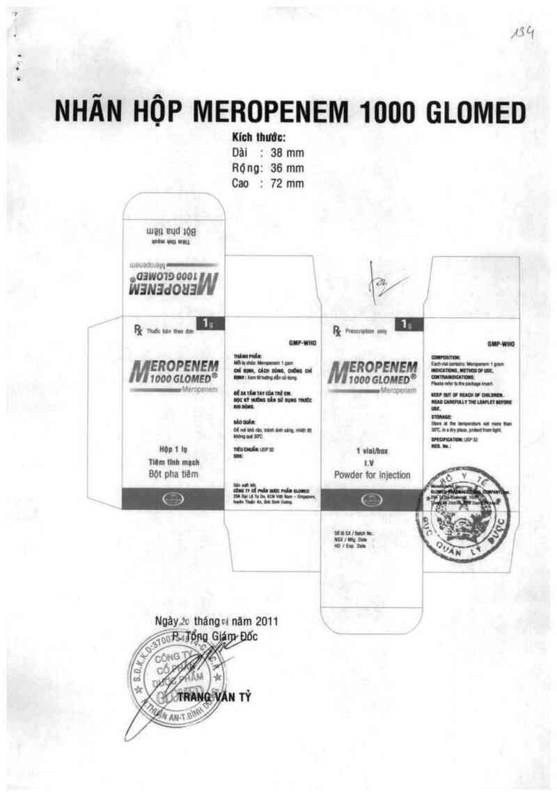 thông tin, cách dùng, giá thuốc Meropenem 1000 Glomed - ảnh 0