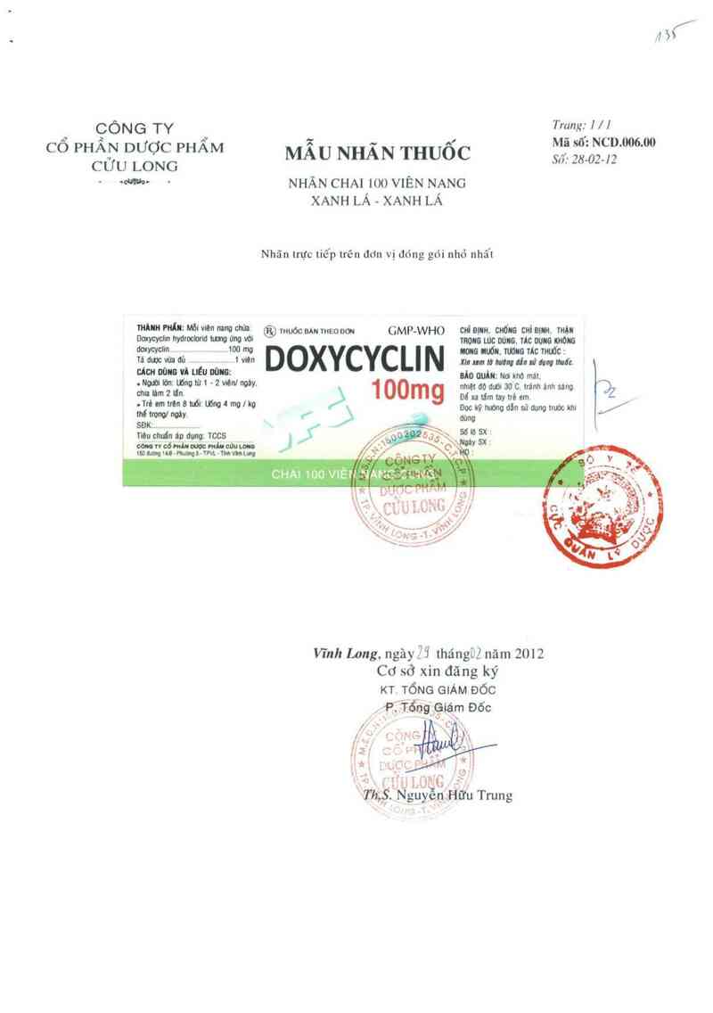 thông tin, cách dùng, giá thuốc Doxycyclin 100 - ảnh 0