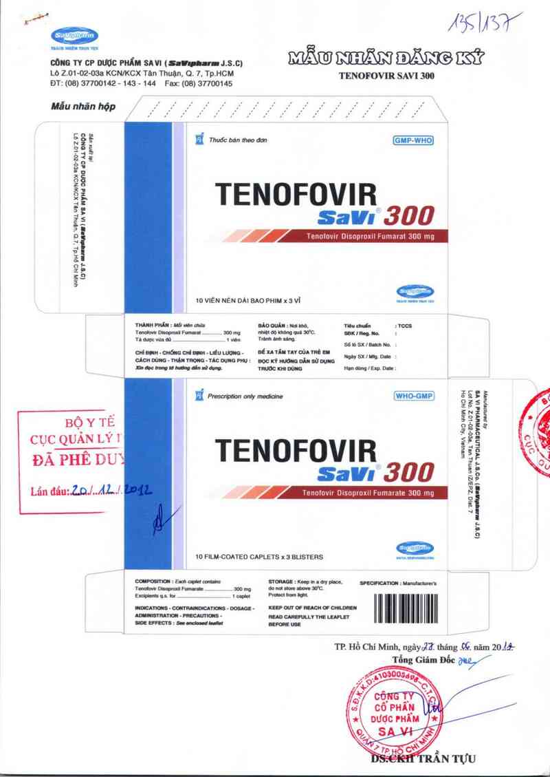 thông tin, cách dùng, giá thuốc Tenofovir SaVi 300 - ảnh 0