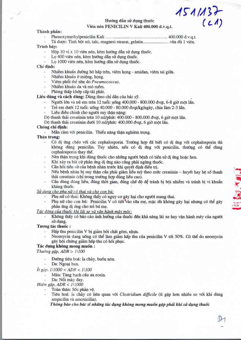 thông tin, cách dùng, giá thuốc Penicilin V Kali 400.000 đ.v.q.t. - ảnh 2