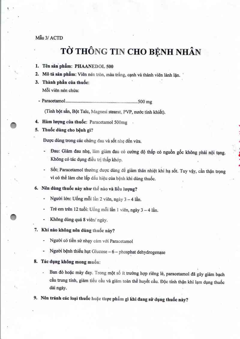 thông tin, cách dùng, giá thuốc Phaanedol 500 - ảnh 3