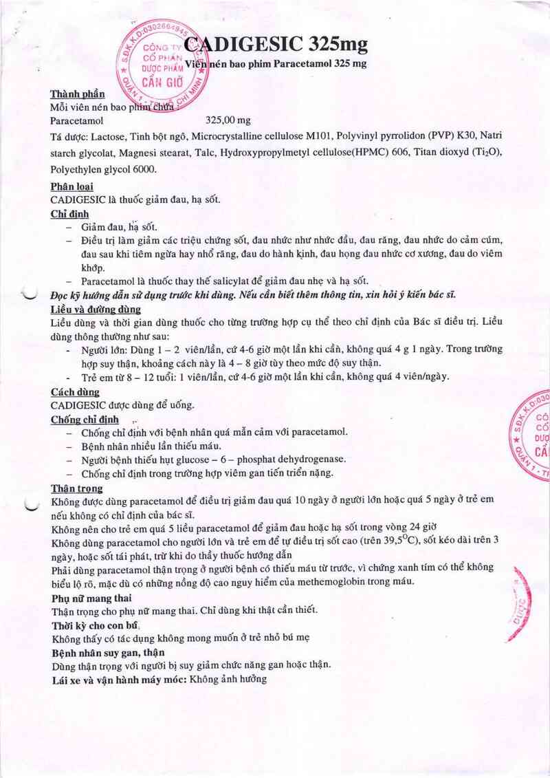 thông tin, cách dùng, giá thuốc Cadigesic 325 mg - ảnh 1