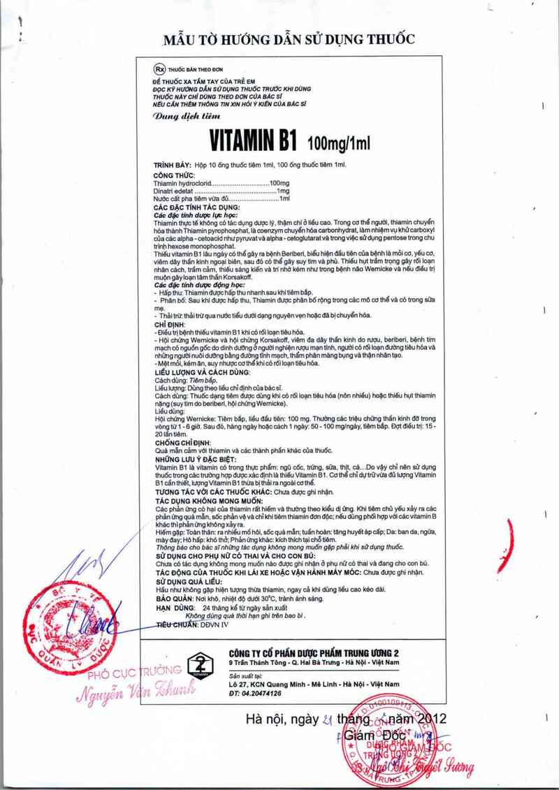 thông tin, cách dùng, giá thuốc Vitamin B1 100 mg/1ml - ảnh 3