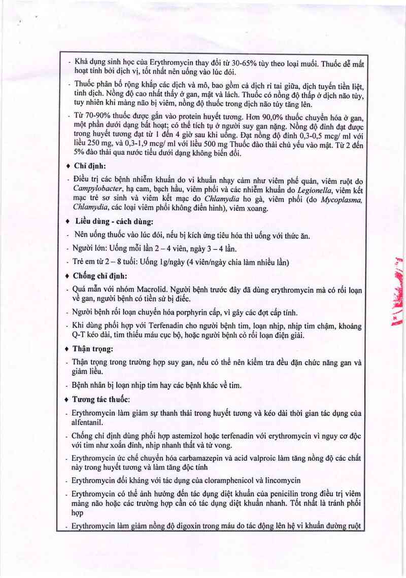 thông tin, cách dùng, giá thuốc Erythromycin 250 mg - ảnh 3