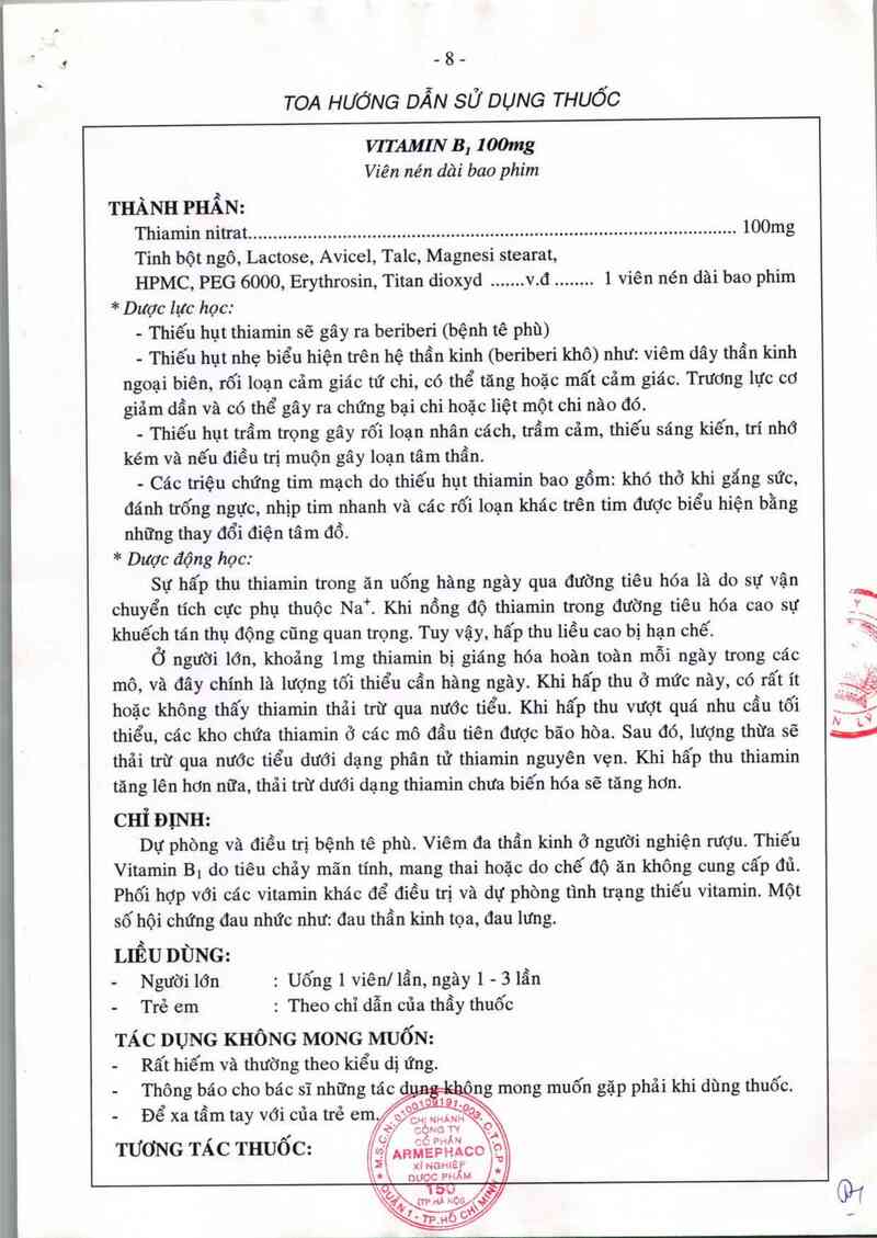 thông tin, cách dùng, giá thuốc Vitamin B1 100mg - ảnh 2