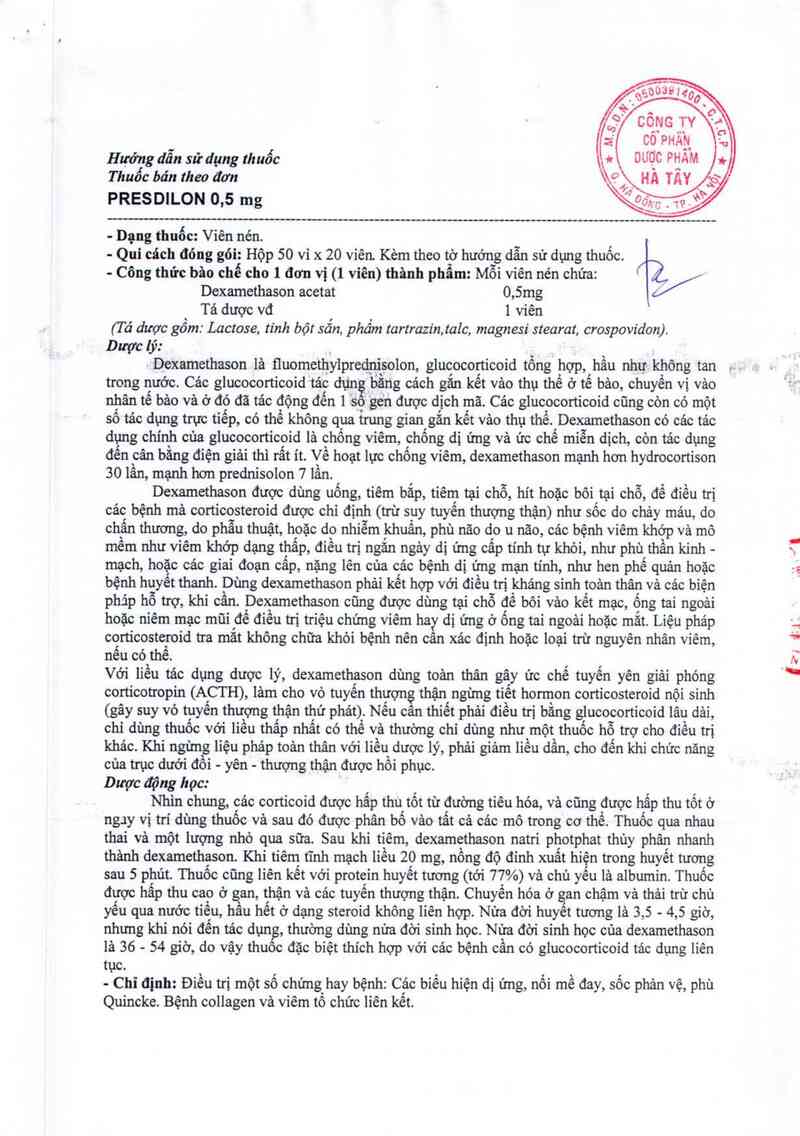 thông tin, cách dùng, giá thuốc Presdilon 0,5mg - ảnh 1