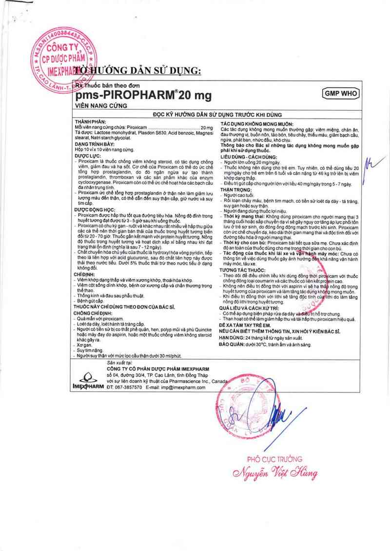 thông tin, cách dùng, giá thuốc pms-Piropharm 20mg - ảnh 2