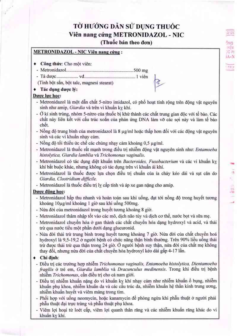 thông tin, cách dùng, giá thuốc Metronidazol - Nic - ảnh 2