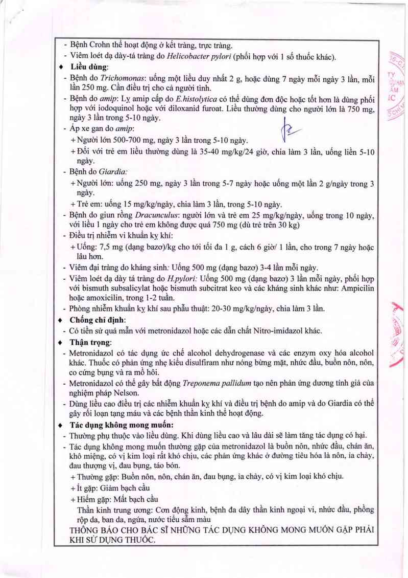 thông tin, cách dùng, giá thuốc Metronidazol - Nic - ảnh 3