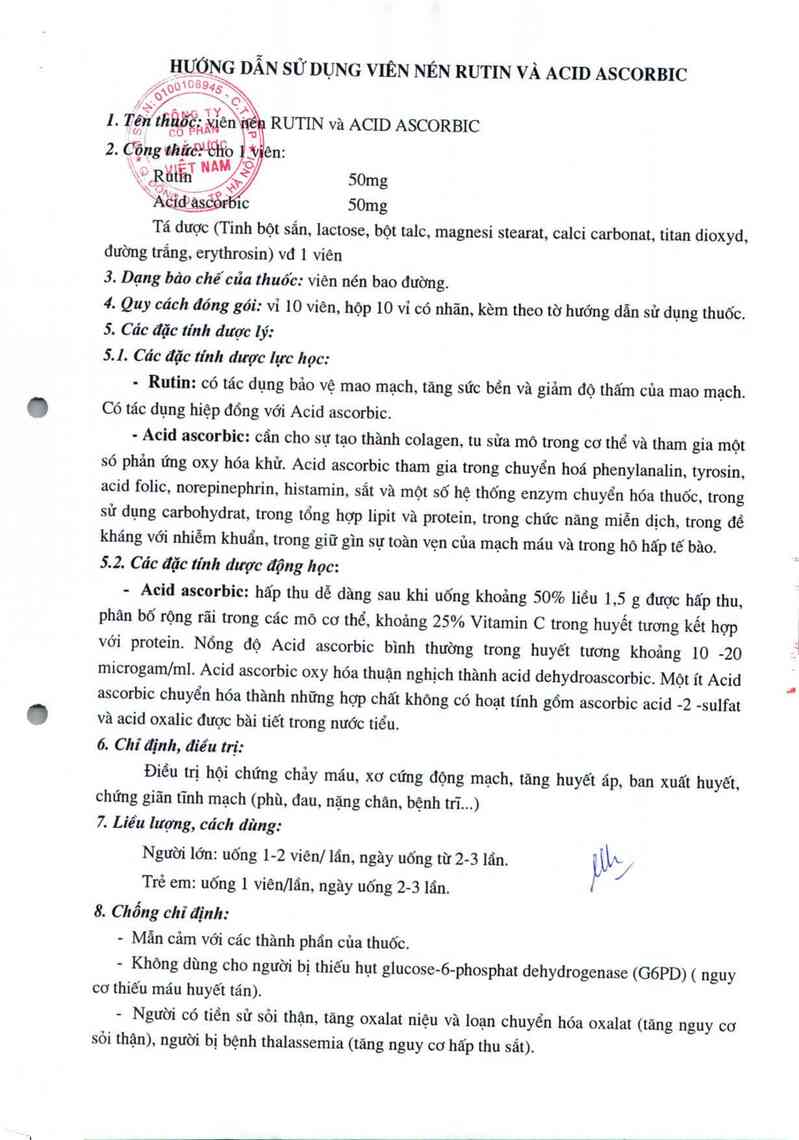 thông tin, cách dùng, giá thuốc Rutin và acid Ascorbic - ảnh 2