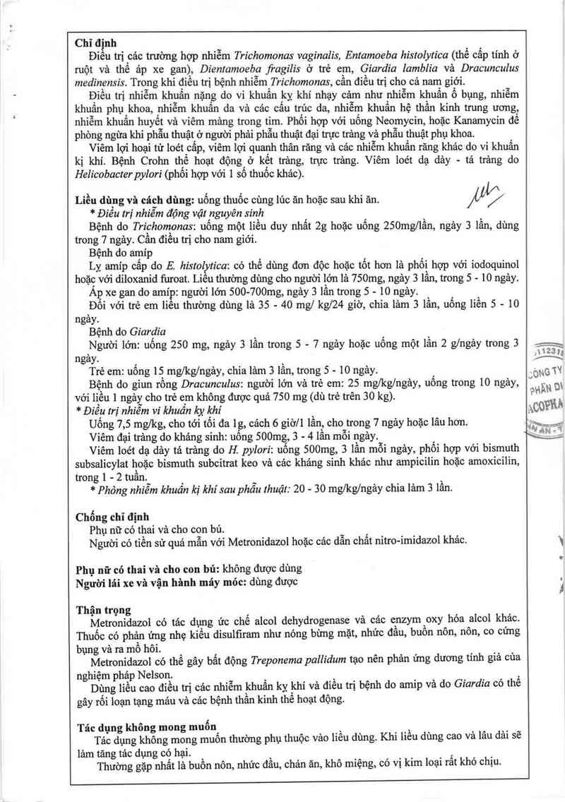 thông tin, cách dùng, giá thuốc Metronidazol 250 - ảnh 12