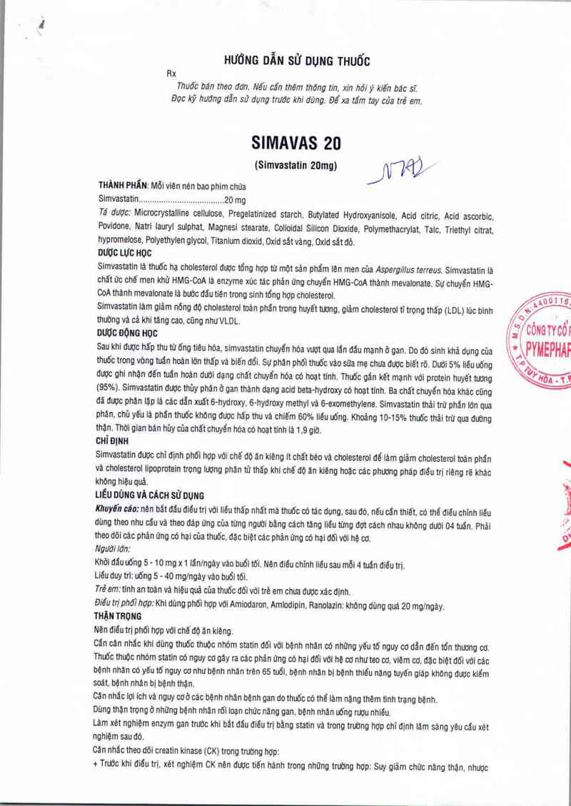 thông tin, cách dùng, giá thuốc Simavas 20 - ảnh 3