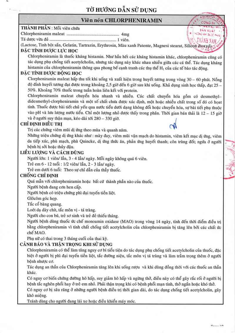 thông tin, cách dùng, giá thuốc Chlorpheniramin - ảnh 1