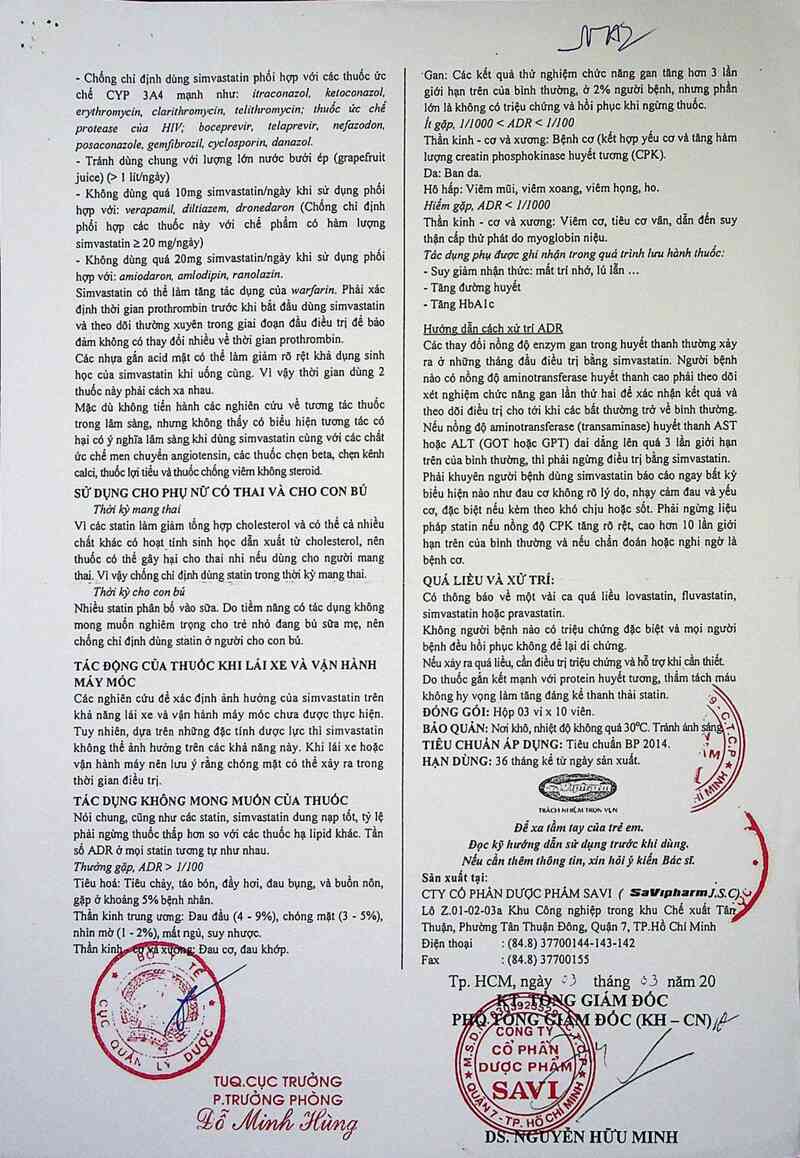 thông tin, cách dùng, giá thuốc Simvastatin Savi 20 - ảnh 3