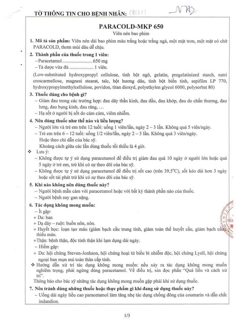 thông tin, cách dùng, giá thuốc Paracold-MKP 650 - ảnh 5