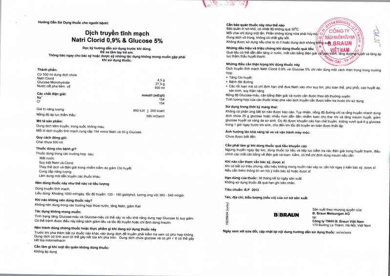 thông tin, cách dùng, giá thuốc Natri clorid 0,9% và Glucose 5% (CSNQ: B.Braun Melsungen AG, địa chỉ: Carl-Braun-Strasse 1 34212 Melsungen, Germany) - ảnh 1