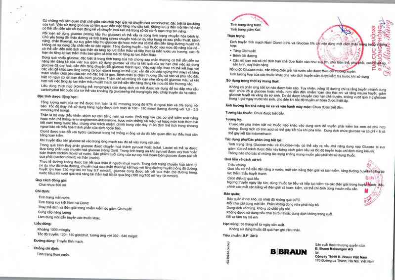 thông tin, cách dùng, giá thuốc Natri clorid 0,9% và Glucose 5% (CSNQ: B.Braun Melsungen AG, địa chỉ: Carl-Braun-Strasse 1 34212 Melsungen, Germany) - ảnh 3