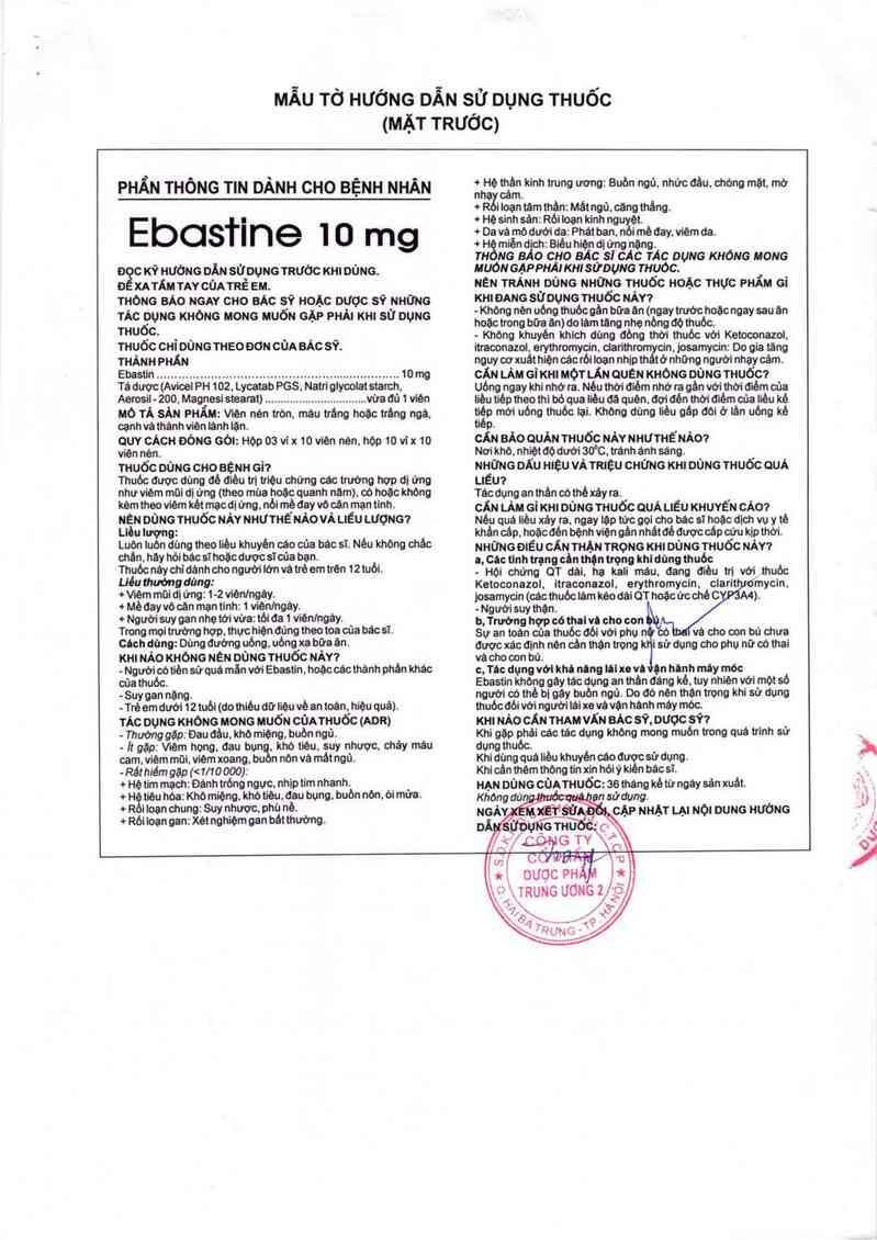 thông tin, cách dùng, giá thuốc Ebastine 10 mg - ảnh 3