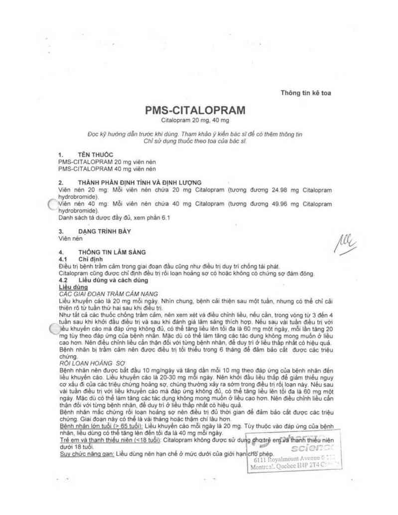 thông tin, cách dùng, giá thuốc PMS-Citalopram 20mg - ảnh 3