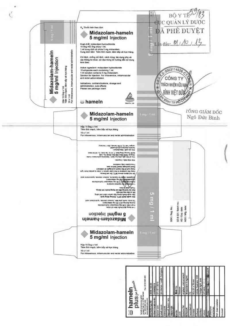 thông tin, cách dùng, giá thuốc Midazolam - hameln 5mg/ml - ảnh 0