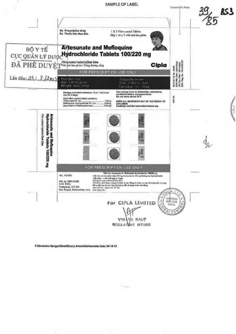 thông tin, cách dùng, giá thuốc Artesunate and Mefloquine Hydrochloride Tablets 100/220 mg - ảnh 0