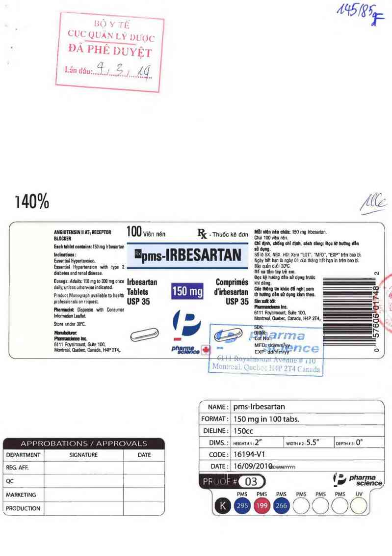 thông tin, cách dùng, giá thuốc PMS-Irbesartan 150 mg - ảnh 0