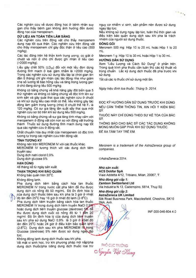thông tin, cách dùng, giá thuốc Meronem (CSĐG1: Zambon Switzerland Ltd. Địa chỉ: Via Industria N.13, Cadempino, 6814- Switzerlan/CSĐG2: AstraZeneca UK Limited- Địa chỉ: Silk Road Business Park, Macclesfield, Cheshire, SK 10 2NA, UK) - ảnh 9