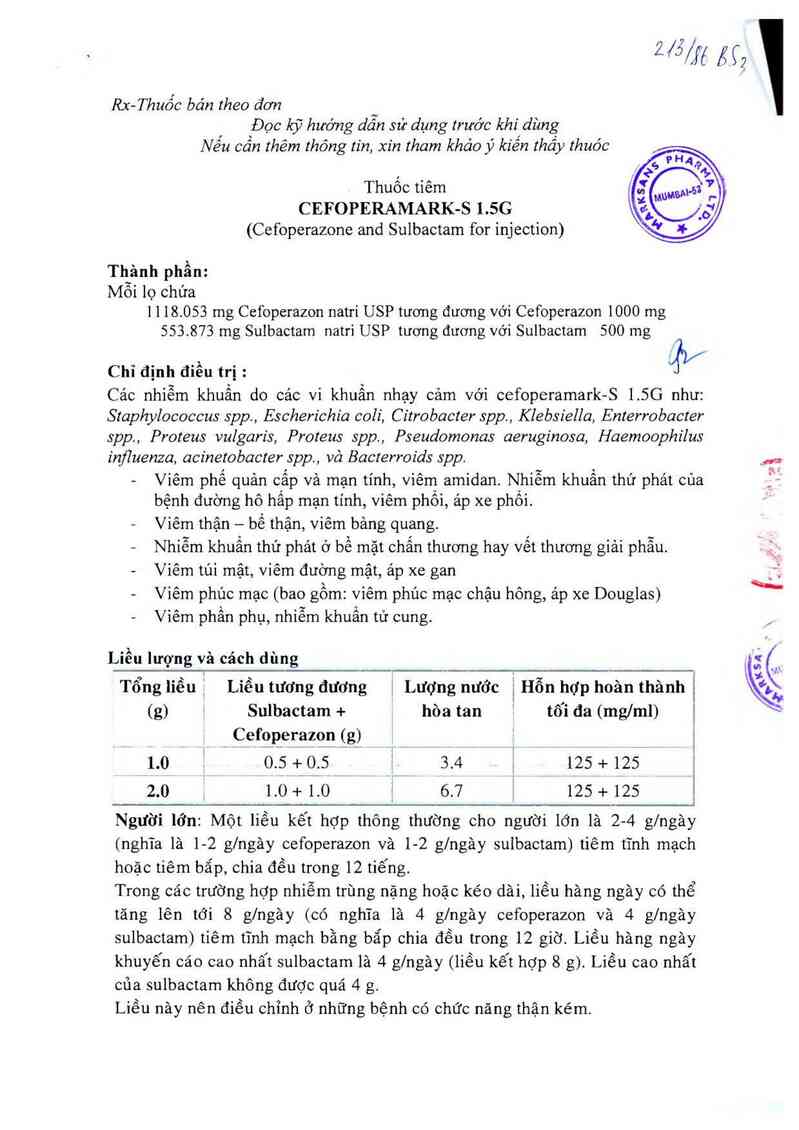 thông tin, cách dùng, giá thuốc Cefoperamark-S 1,5g - ảnh 2