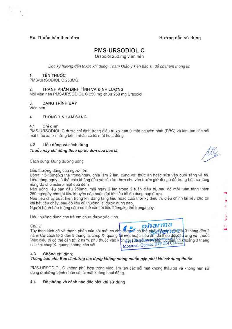 thông tin, cách dùng, giá thuốc PMS-Ursodiol C 250mg - ảnh 2