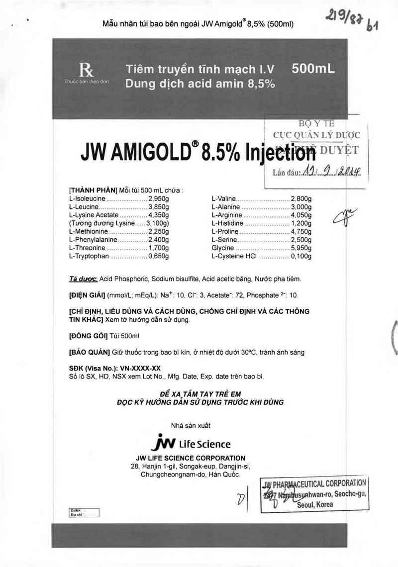 thông tin, cách dùng, giá thuốc JW Amigold 8,5% Injection - ảnh 0