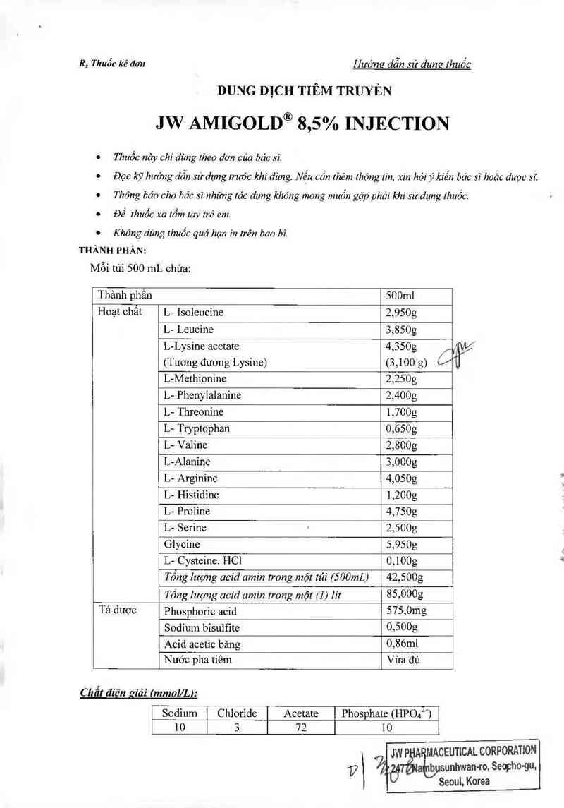 thông tin, cách dùng, giá thuốc JW Amigold 8,5% Injection - ảnh 3