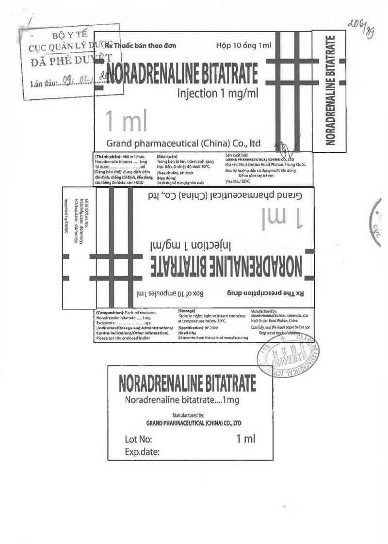 thông tin, cách dùng, giá thuốc Noradrenaline bitartrate Injection 1mg/ml - ảnh 0