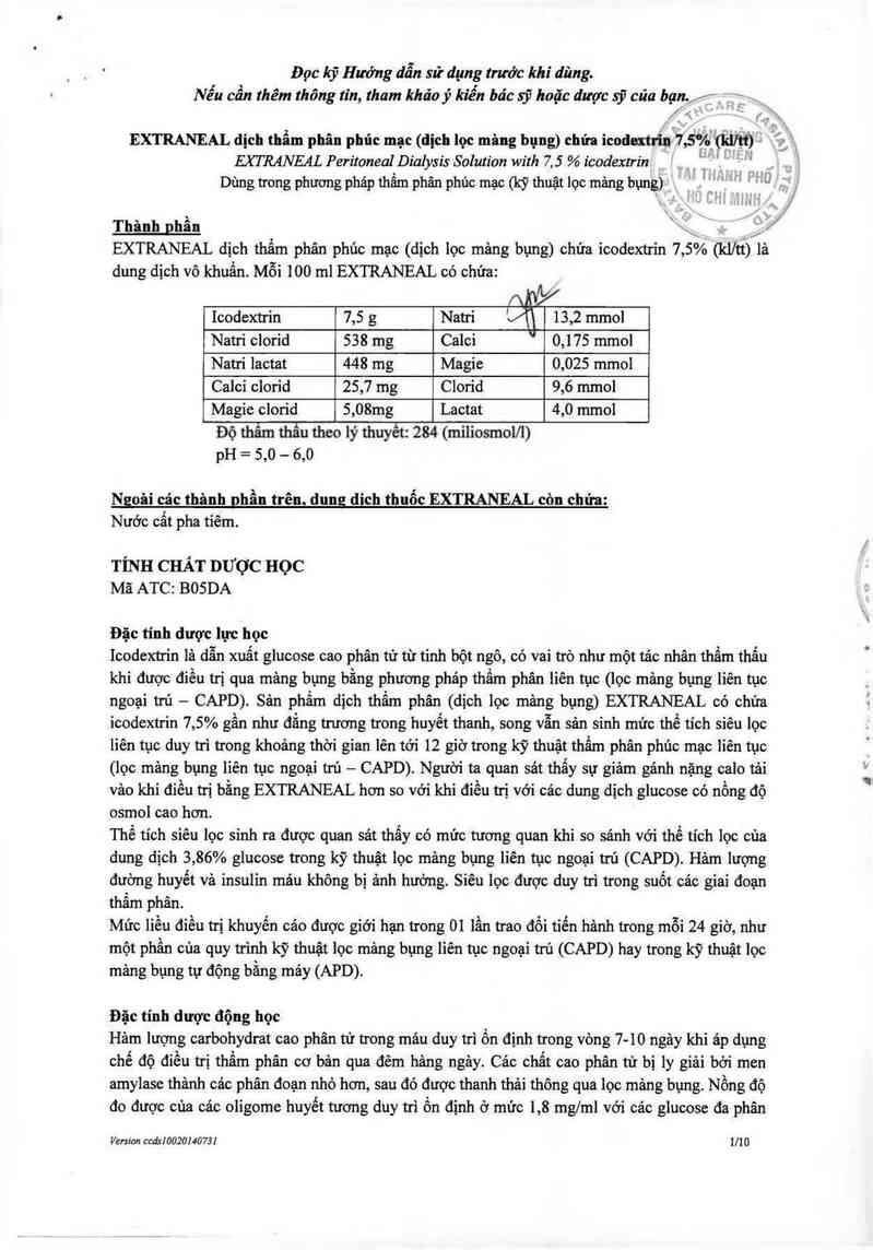 thông tin, cách dùng, giá thuốc Extraneal Peritoneal dialysis solution with 7.5% Icodextrin - ảnh 3