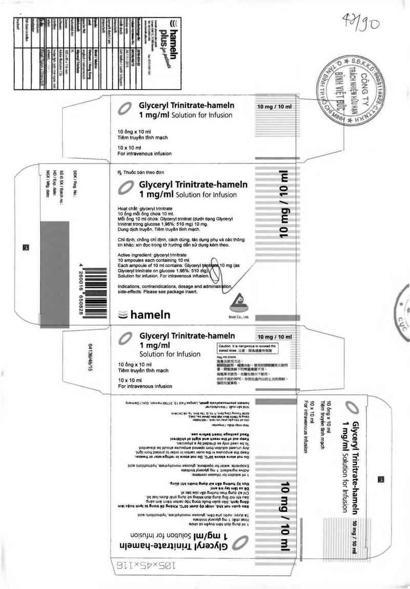 thông tin, cách dùng, giá thuốc Glyceryl Trinitrate- Hameln 1mg/ml - ảnh 0