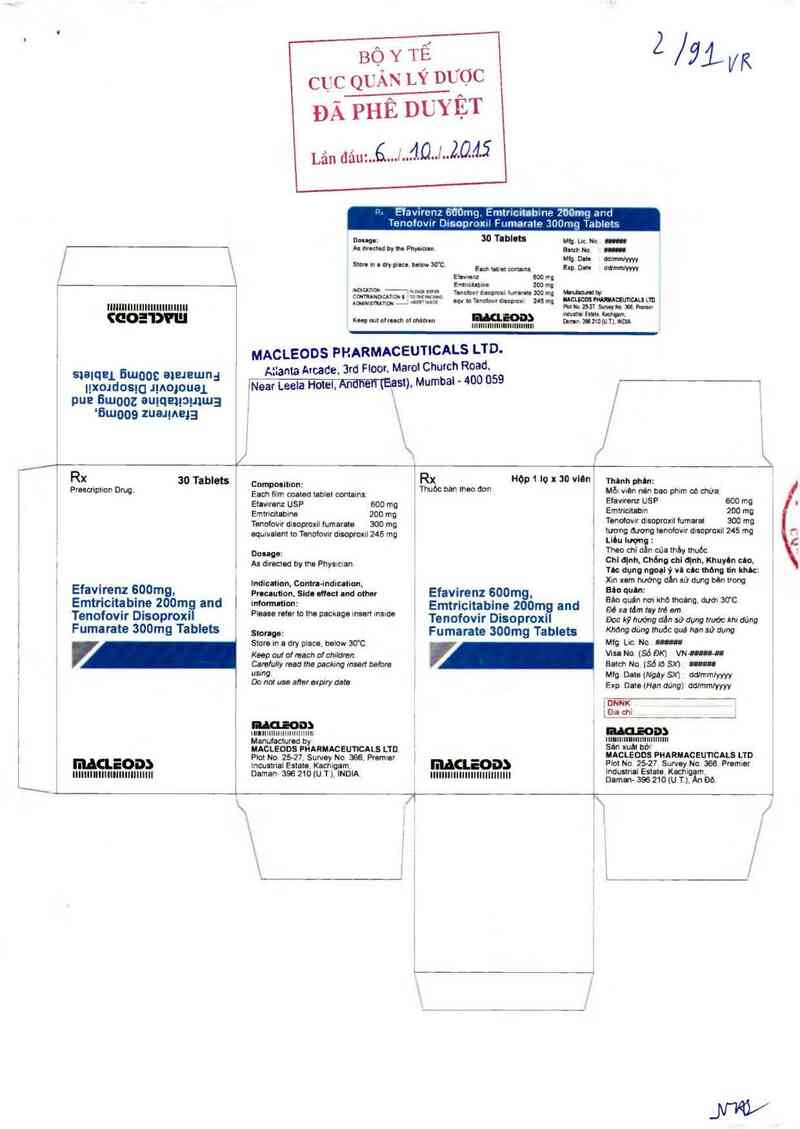 thông tin, cách dùng, giá thuốc Efavirenz 600mg, Emtricitabine 200mg and Tenofovir Disoproxil Fumarat 300mg Tablets - ảnh 0