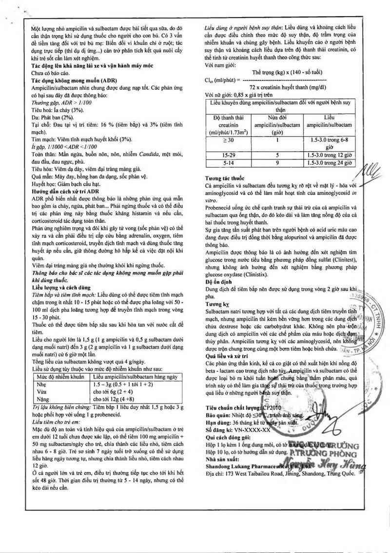 thông tin, cách dùng, giá thuốc Ampicillin Sodium and Sulbactam Sodium for Injection 1.5g - ảnh 3