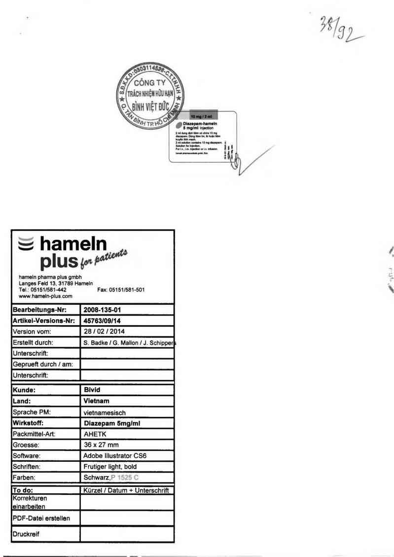 thông tin, cách dùng, giá thuốc Diazepam-Hameln 5mg/ml Injection - ảnh 1