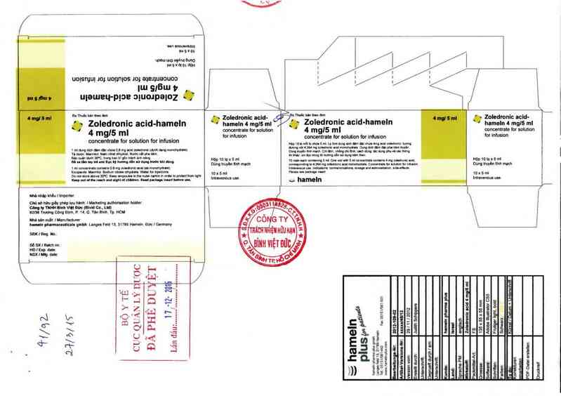 thông tin, cách dùng, giá thuốc Zoledronic acid-hameln 4mg/5ml solution for infusion - ảnh 0