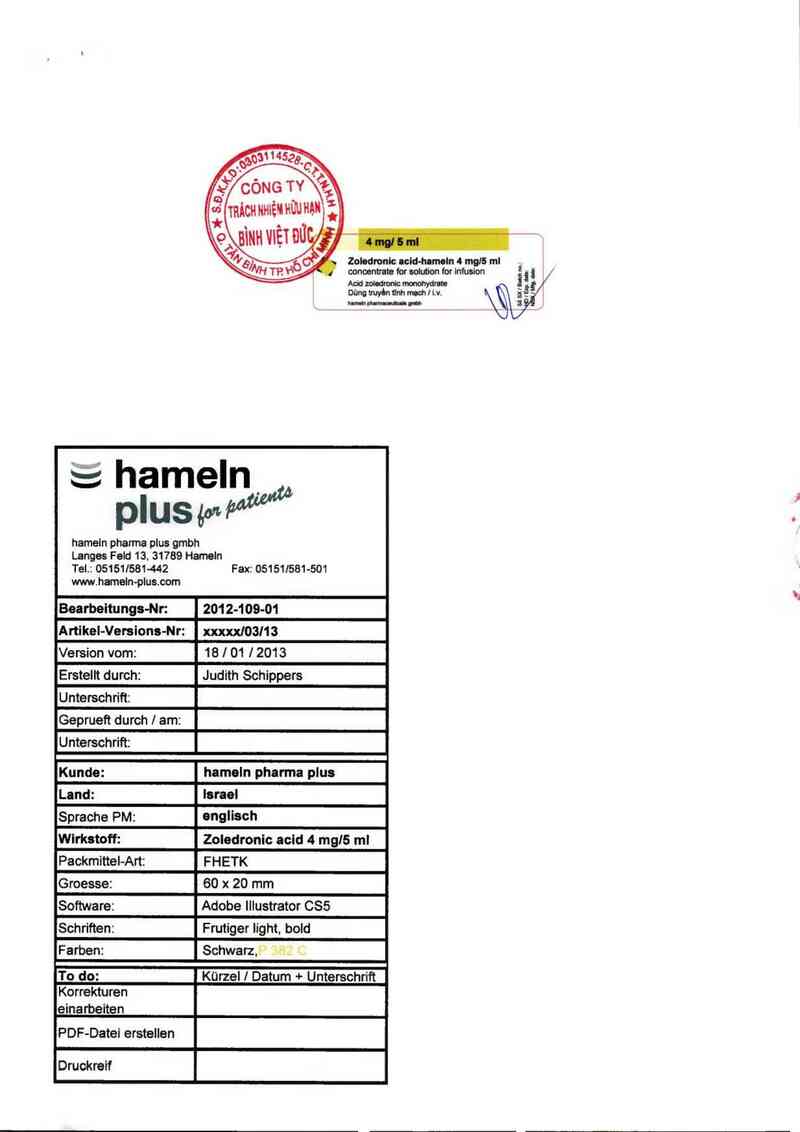 thông tin, cách dùng, giá thuốc Zoledronic acid-hameln 4mg/5ml solution for infusion - ảnh 1