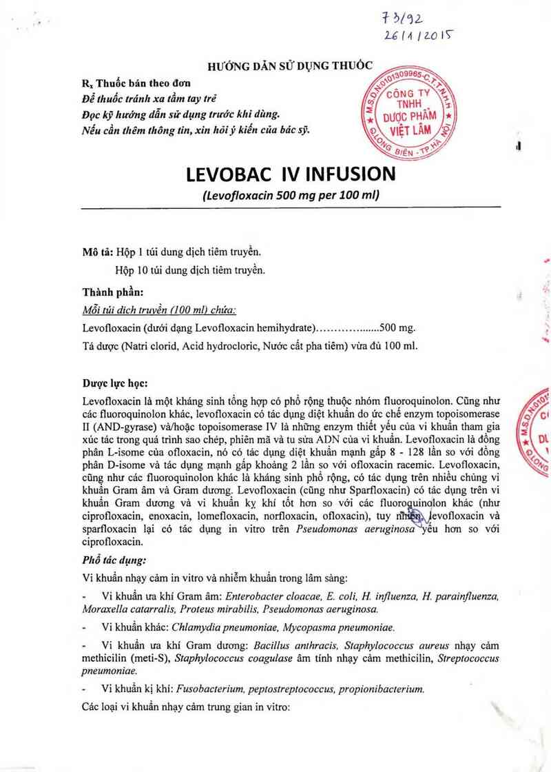 thông tin, cách dùng, giá thuốc Levobac IV Infusion - ảnh 1