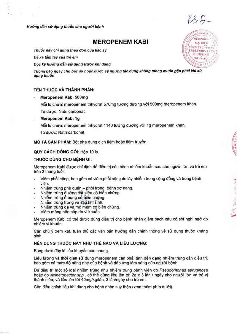 thông tin, cách dùng, giá thuốc Meropenem Kabi 1g - ảnh 3