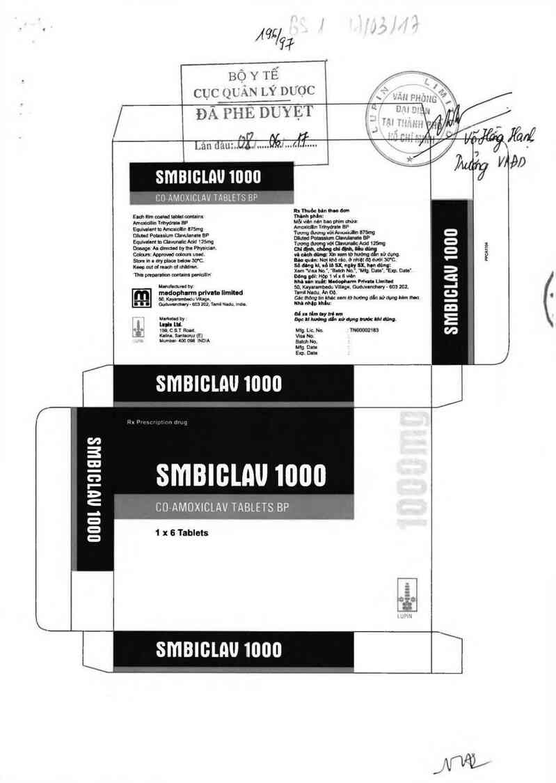 thông tin, cách dùng, giá thuốc Smbiclav 1000 - ảnh 0