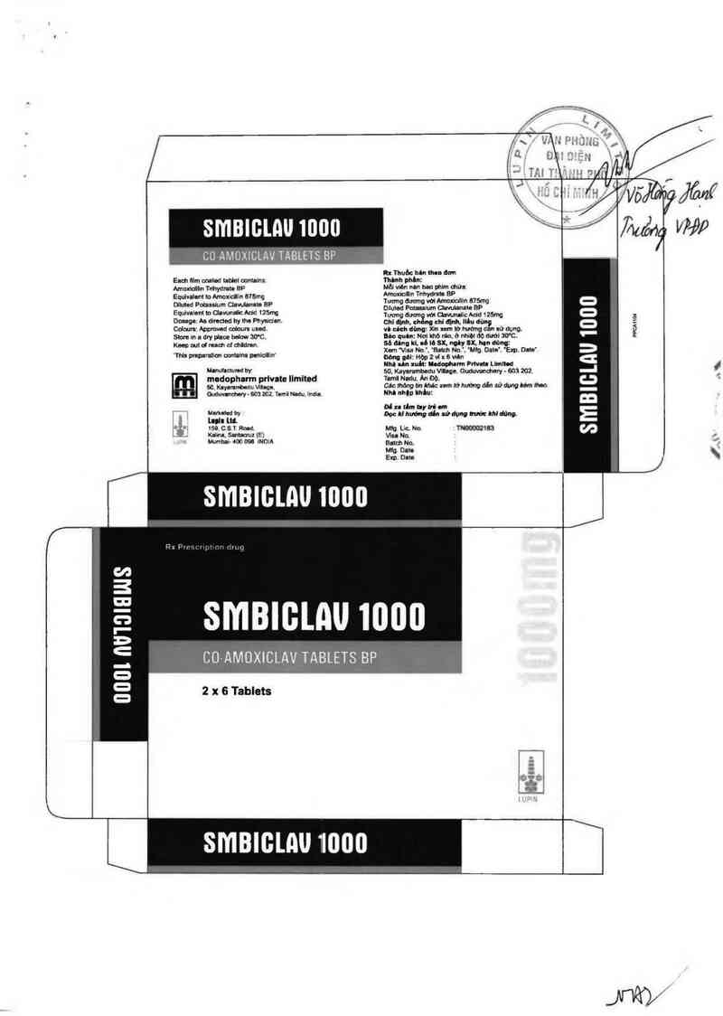 thông tin, cách dùng, giá thuốc Smbiclav 1000 - ảnh 1