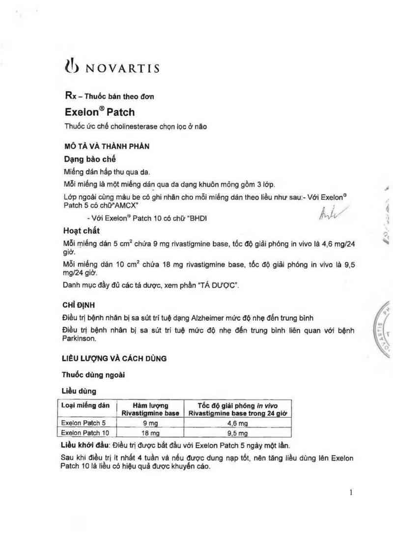 thông tin, cách dùng, giá thuốc Exelon Patch (Cơ sở đóng gói thứ cấp: Novartis Pharma Stein AG, đ/c: Schaffhauserstrasse, 4332 Stein, Switzerland) - ảnh 2