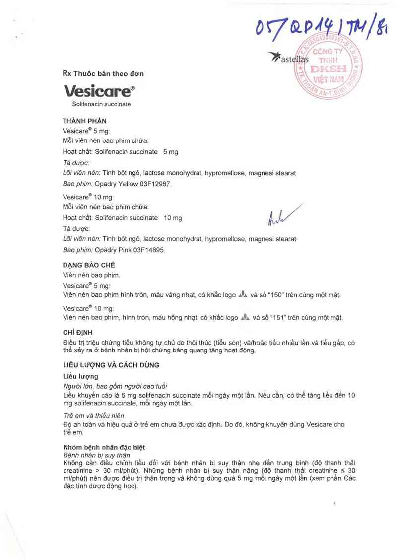 thông tin, cách dùng, giá thuốc Vesicare 10mg - ảnh 2