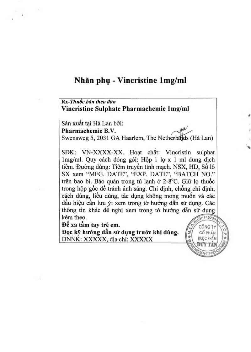 thông tin, cách dùng, giá thuốc Vincristine Sulphate Pharmachemie 1mg/ml - ảnh 1